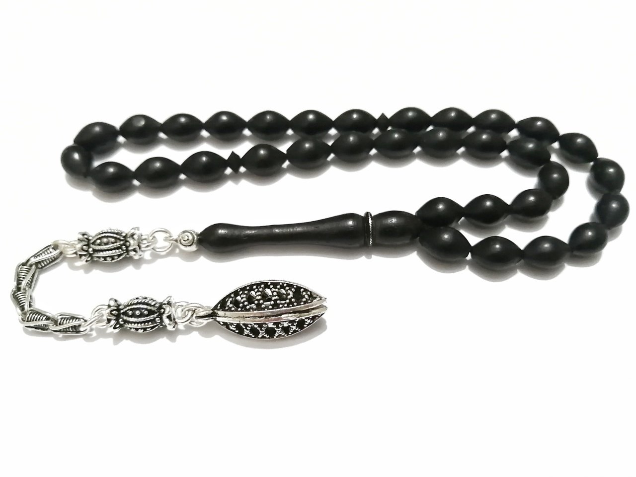 Gümüş Kaplama Beyzi Kesim Abanoz Ağacı Tesbih