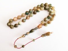 İmamesi 925 Ayar Gümüş İşçilikli Tombul Beyzi Kesim Sıkma Kehribar Tesbih