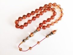 İmamesi 925 Ayar Gümüş İşçilikli Tombul Beyzi Kesim Sıkma Kehribar Tesbih