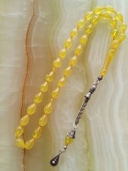 925 Ayar Gümüş Püsküllü Damla Kesim Sarı Sıkma Kehribar Tesbih.