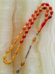 925 Ayar Gümüş Püsküllü Hareli Damla Kesim Özel İşçilikli Atölye Yapımı Sıkma Kehribar Tesbih.