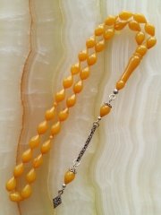 925 Ayar Gümüş Püsküllü Damla Kesim Sarı Sıkma Kehribar Tesbih.