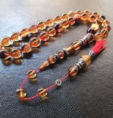 İmamesi 925 Ayar Gümüş İşçilikli Tombul Beyzi Kesim Sıkma Kehribar Tesbih