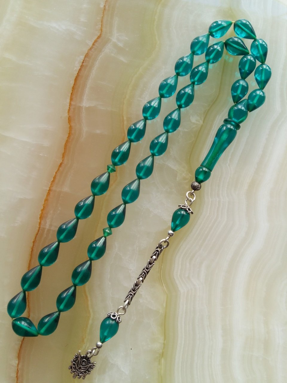 925 Ayar Gümüş Püsküllü Özel İşçilikli Atölye Yapımı Ateş Kehribar Tesbih.