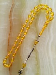 925 Ayar Gümüş Püsküllü Özel İşçilikli Atölye Yapımı Sarı Ateş Kehribar Tesbih.