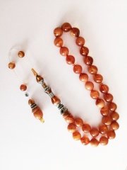 İmamesi 925 Ayar Gümüş İşçilikli Tombul Beyzi Kesim Sıkma Kehribar Tesbih