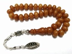 Gümüş Kaplama Püsküllü Basık Kesim Bilek Boy Sıkma Kehribar Tesbih