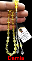 925 Ayar Gümüş Püsküllü Şeffaf Su Damlası Kehribar Tesbih