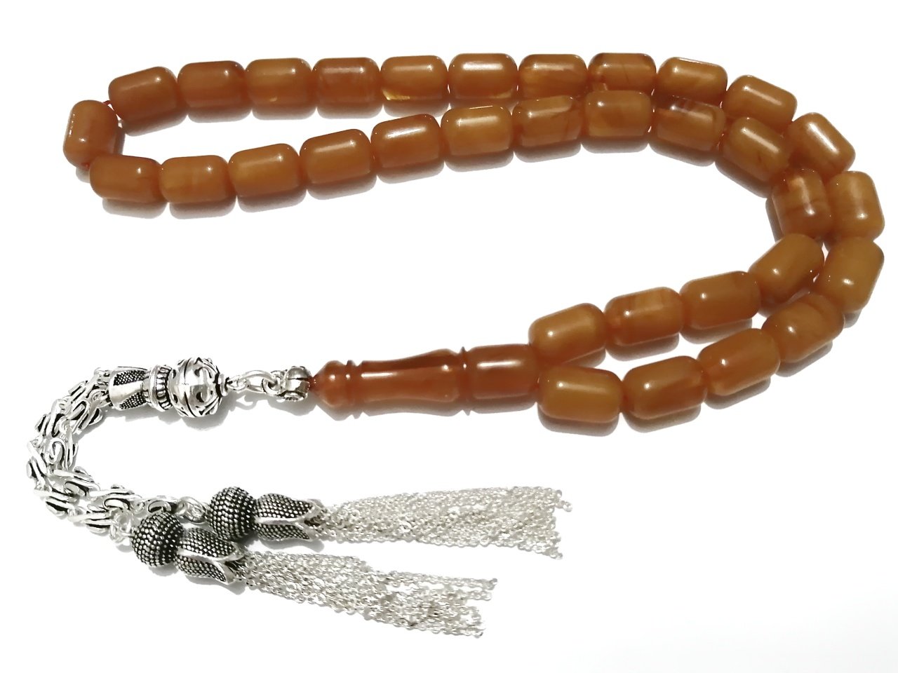 Gümüş Kaplama Püsküllü Kapsül Kesim Hareli Sıkma Kehribar Tesbih