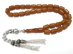 Gümüş Kaplama Püsküllü Kapsül Kesim Hareli Sıkma Kehribar Tesbih