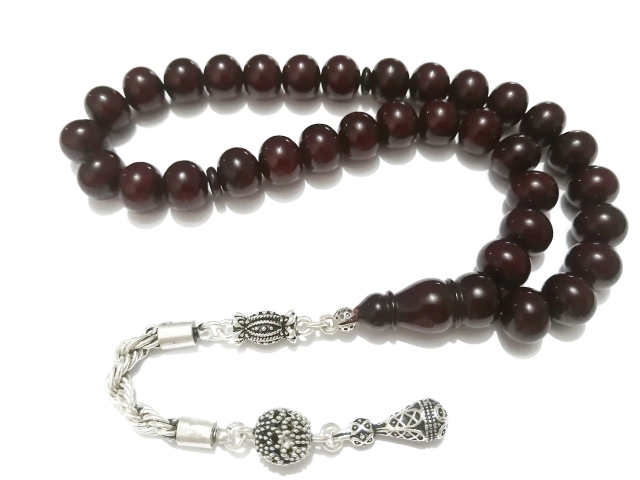 Gümüş Kaplama Püsküllü Basık Kesim Osmanlı Benzetmesi Sıkma Kehribar Tesbih