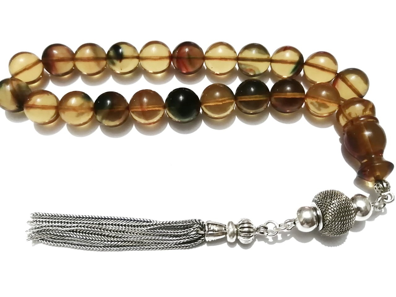 Gümüş Kaplama Püsküllü Küre Kesim Efe Boy Sıkma Kehribar Tesbih