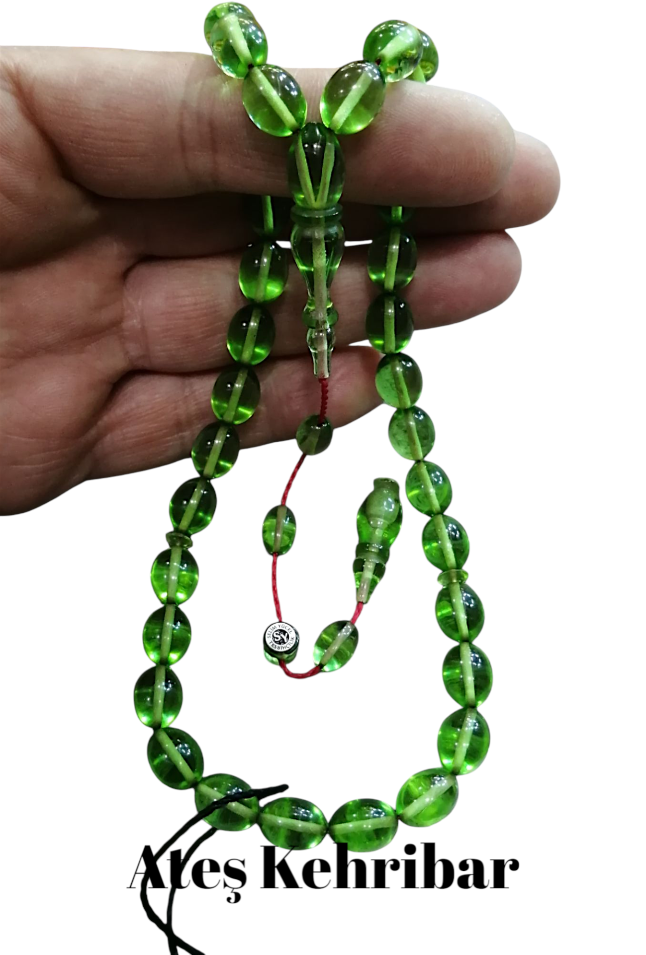 Sistem Püsküllü Tombul Beyzi Kesim Gümüş İmzalı Ateş Kehribar Tesbih