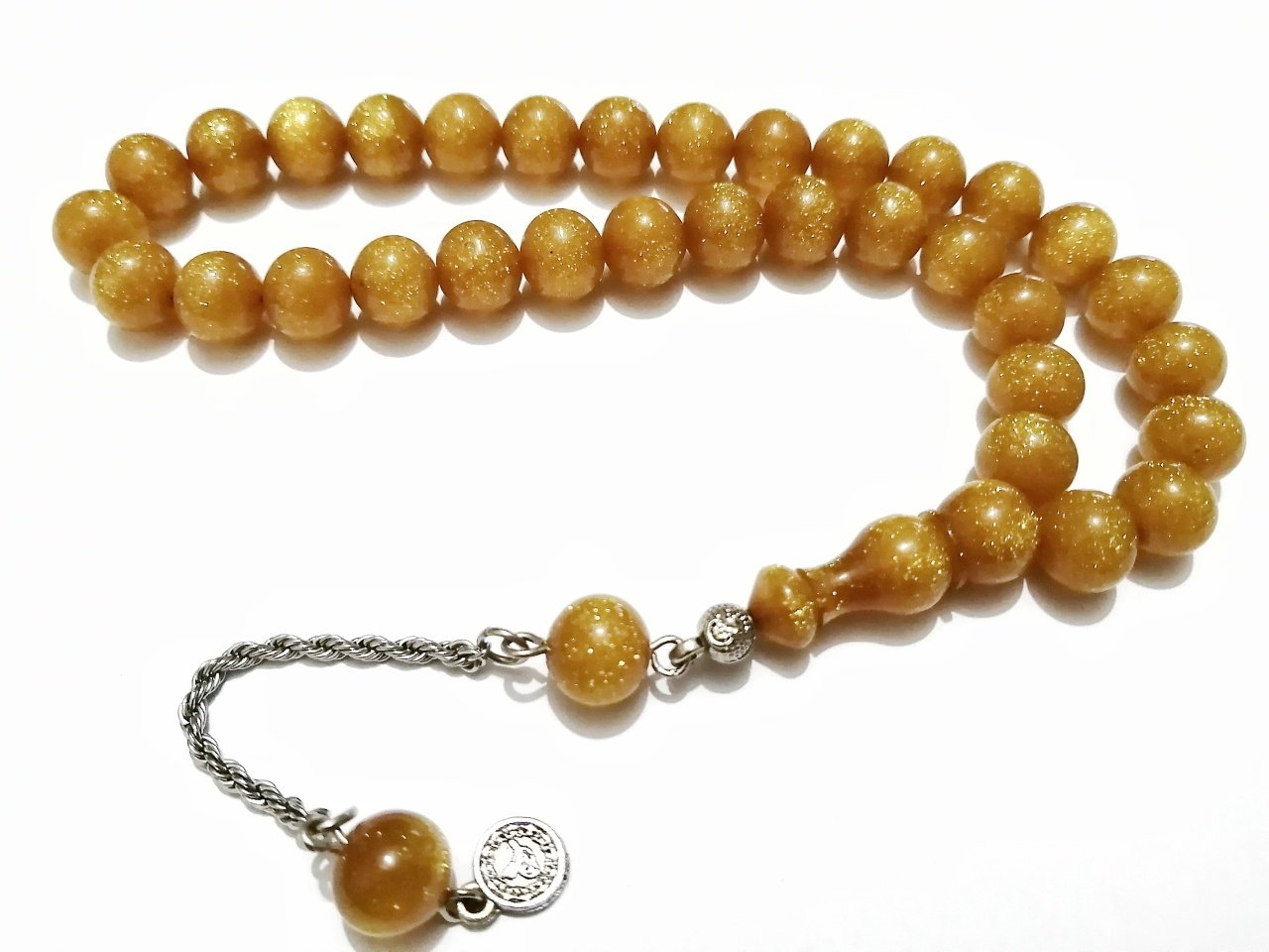 Alpaka Püsküllü Küre Kesim Simli Sıkma Kehribar Tesbih