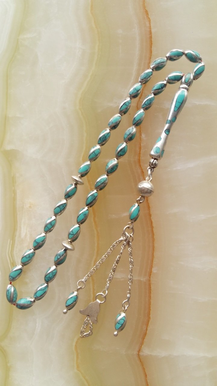 925 Ayar Gümüş Püsküllü Firuze Tasarımlı Gümüş Tesbih