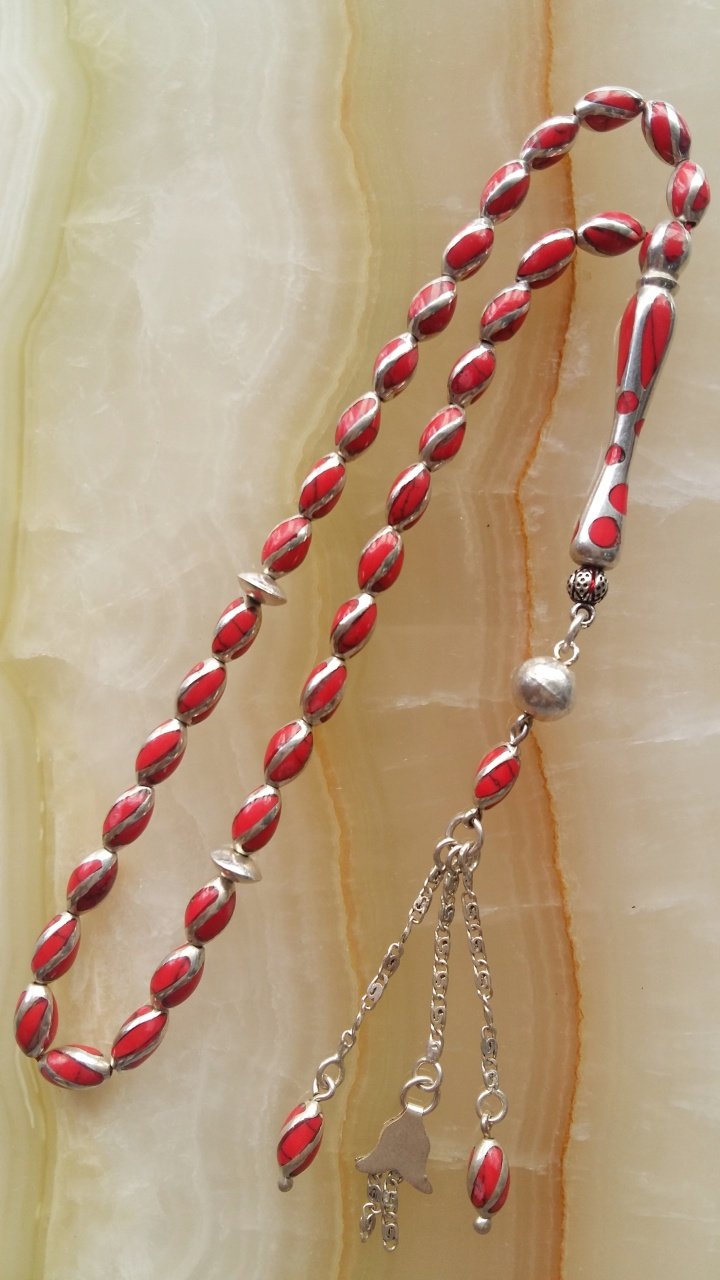 925 Ayar Gümüş Püsküllü Mercan Tasarımlı Gümüş Tesbih