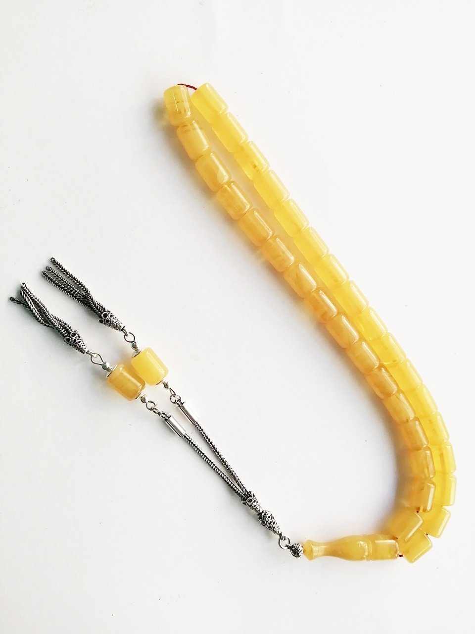 925 Ayar Gümüş Püsküllü Kapsül Kesim Sıkma Kehribar Tesbih