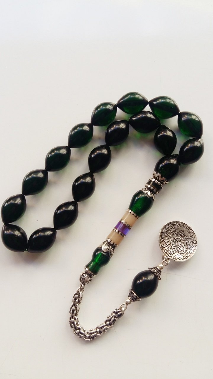 925 Ayar Gümüş Püsküllü İmamesi İşçilikli İri Boy Beyzi Kesim Efe Boy Ateş Kehribar Tesbih