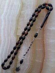 925 Ayar Gümüş Püsküllü Özel İşçilikli Hareli Beyzi Kesim Sıkma Kehribar Tesbih