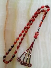 Kazaz Püsküllü Hareli Beyzi Kesim Özel İşçilikli Atölye Yapımı Sıkma Kehribar Tesbih