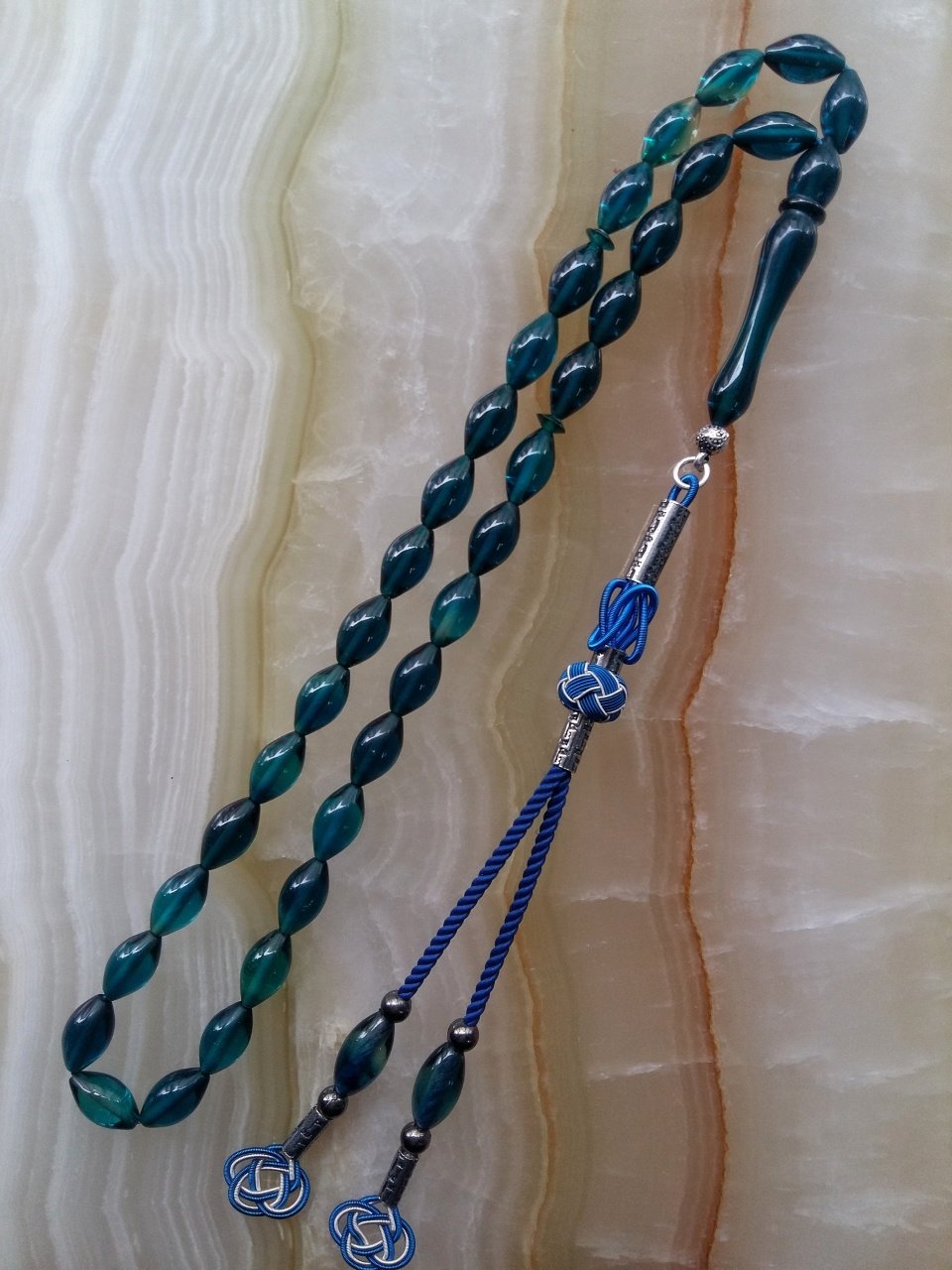 Kazaz Püsküllü Özel İşçilikli Atölye Yapımı Ateş Kehribar Tesbih.