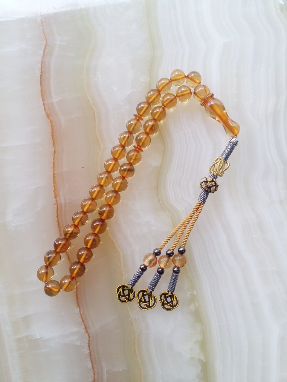 Kazaz Püsküllü Özel İşçilikli Atölye Yapımı Ateş Kehribar Tesbih