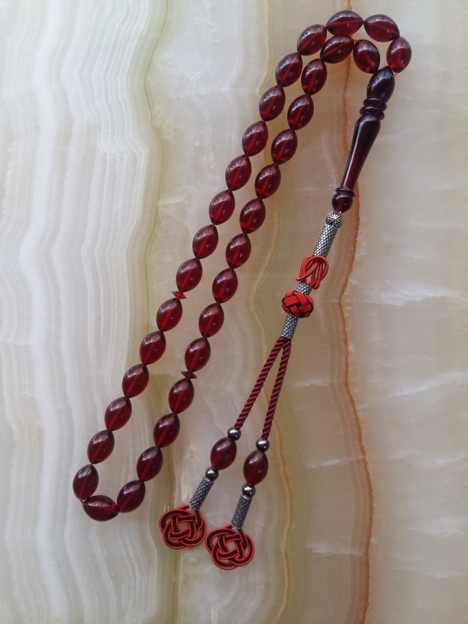 Gümüş Kazaz Püsküllü Beyzi Kesim Özel İşçilikli Kırmızı Renkli Ateş Kehribar Tesbih