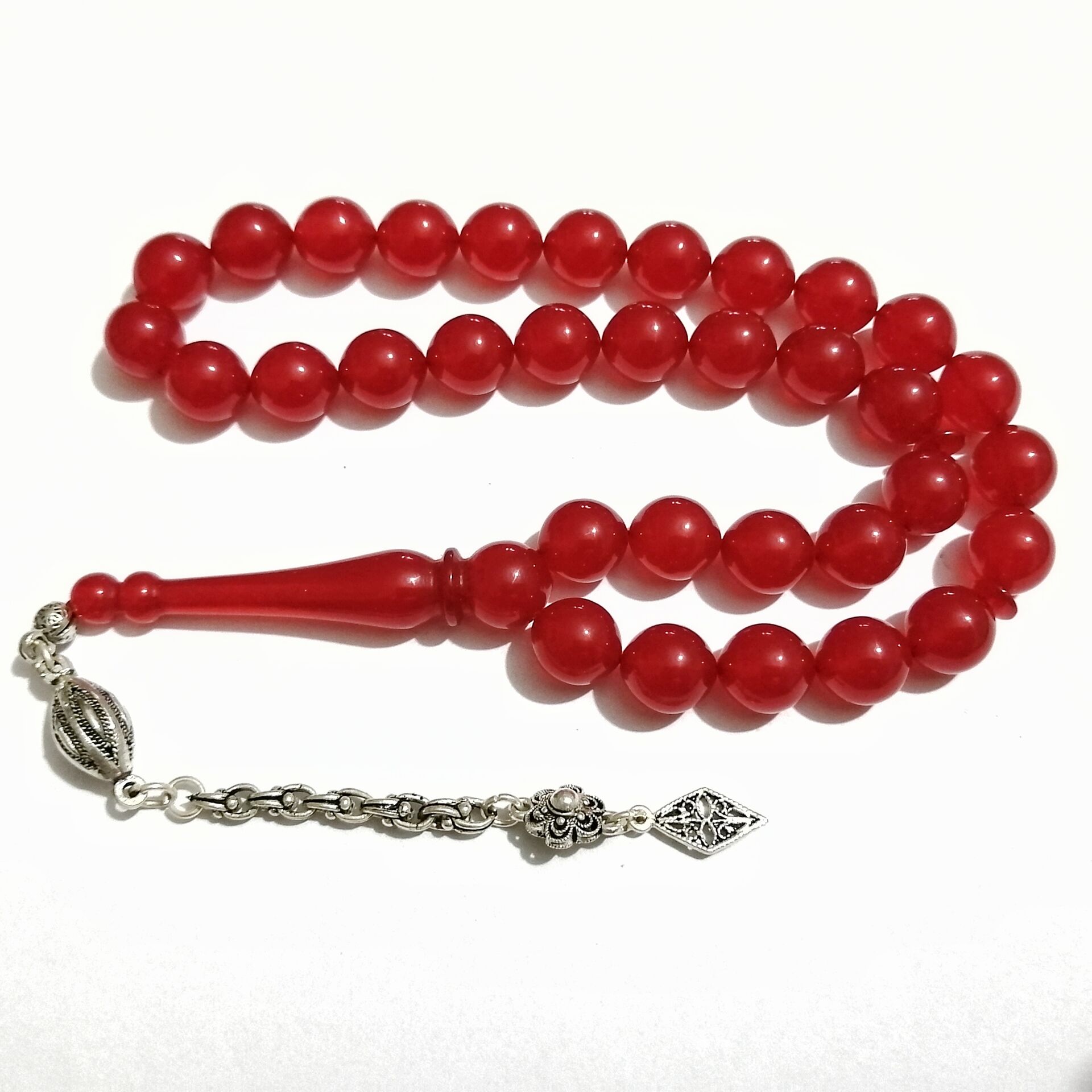 Gümüş Kaplama Püsküllü Uçlu Küre Kesim Ateş Kehribar Tesbih