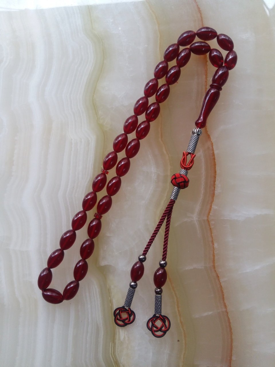 Gümüş Kazaz Püsküllü Kırmızı Renkli Beyzi Kesim Özel İşçilikli Ateş Kehribar Tesbih