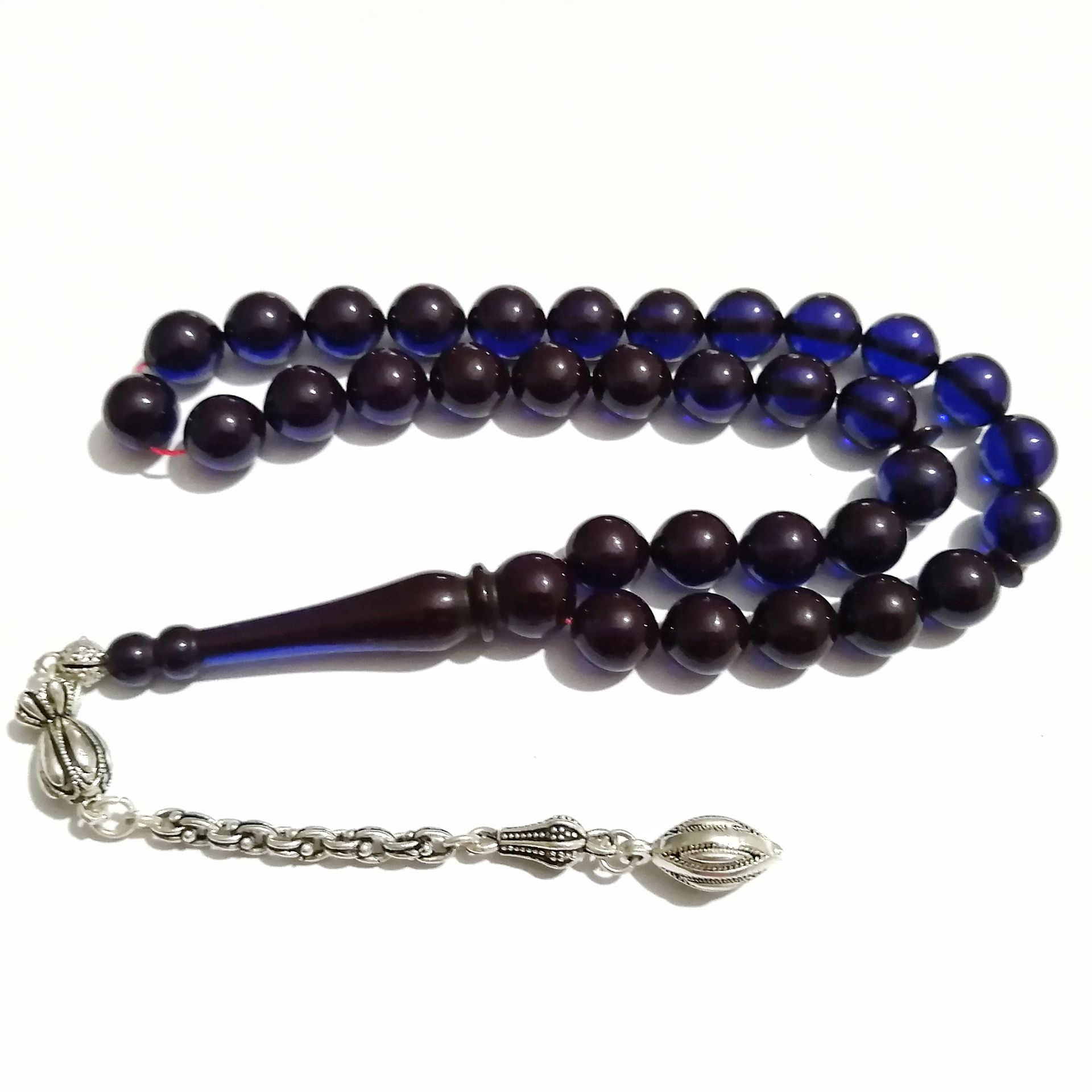 Gümüş Kaplama Püsküllü Uçlu Küre Kesim Ateş Kehribar Tesbih