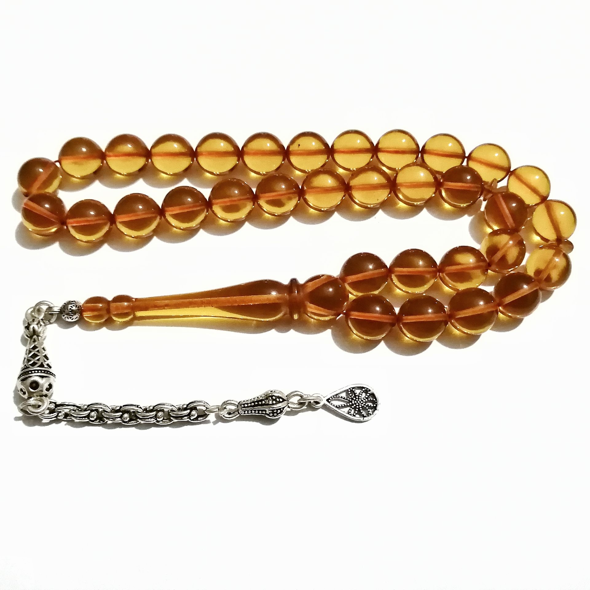 Gümüş Kaplama Püsküllü Uçlu Küre Kesim Ateş Kehribar Tesbih