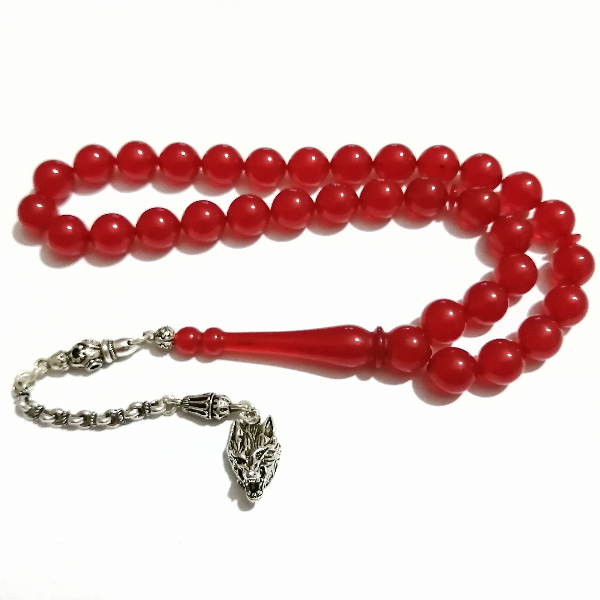 Gümüş Kaplama Püsküllü Uçlu Küre Kesim Ateş Kehribar Tesbih