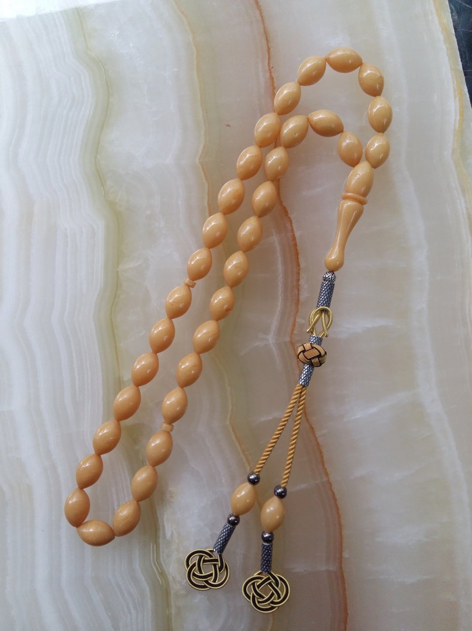 Gümüş Kazaz Püsküllü Beyzi Kesim Özel İşçilikli Sıkma Kehribar Tesbih