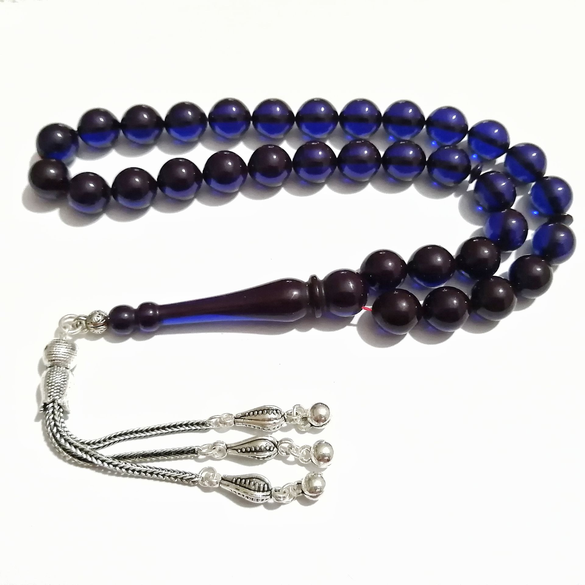 Gümüş Kaplama Püsküllü Uçlu Küre Kesim Ateş Kehribar Tesbih