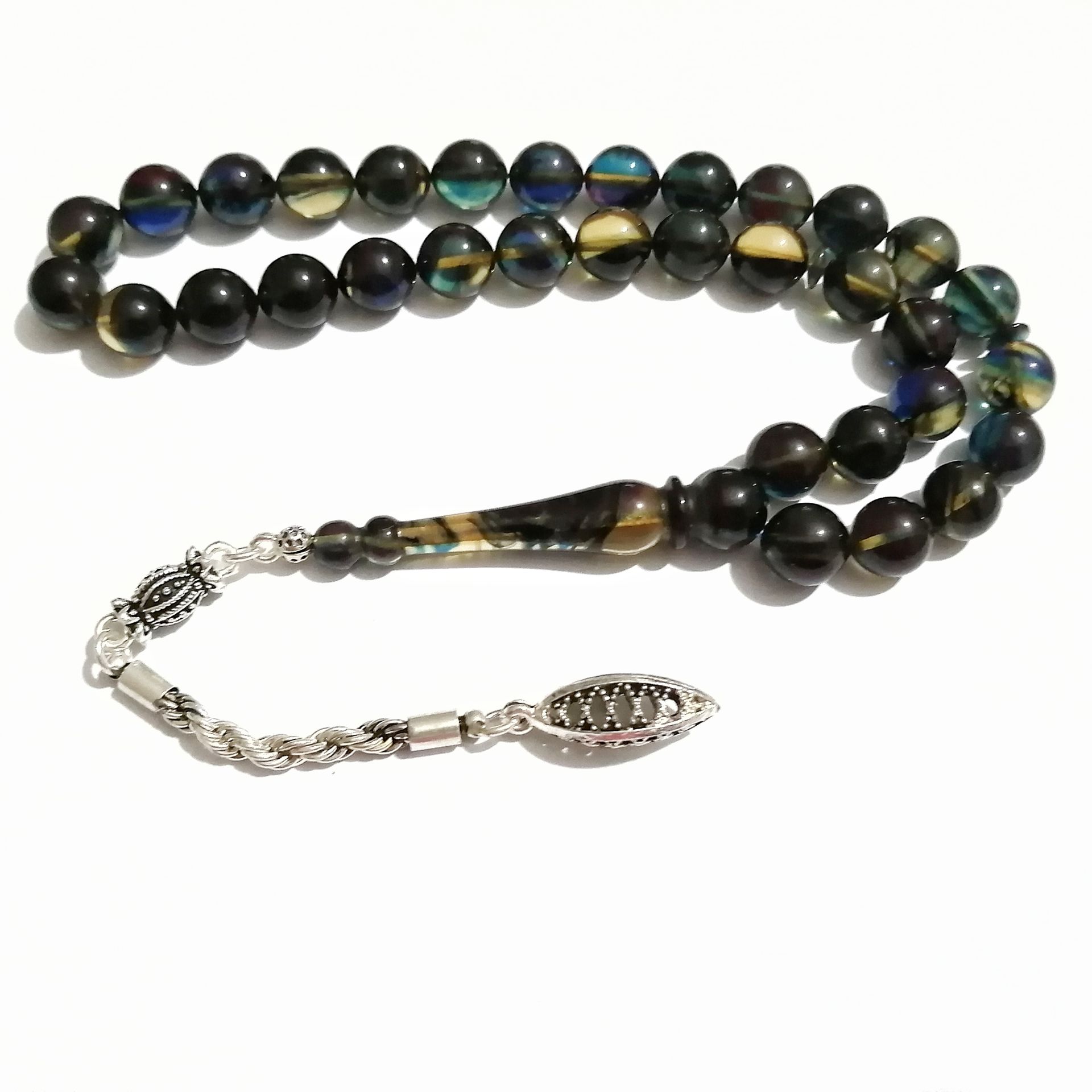 Gümüş Kaplama Püsküllü Uçlu Küre Kesim Sıkma Kehribar Tesbih