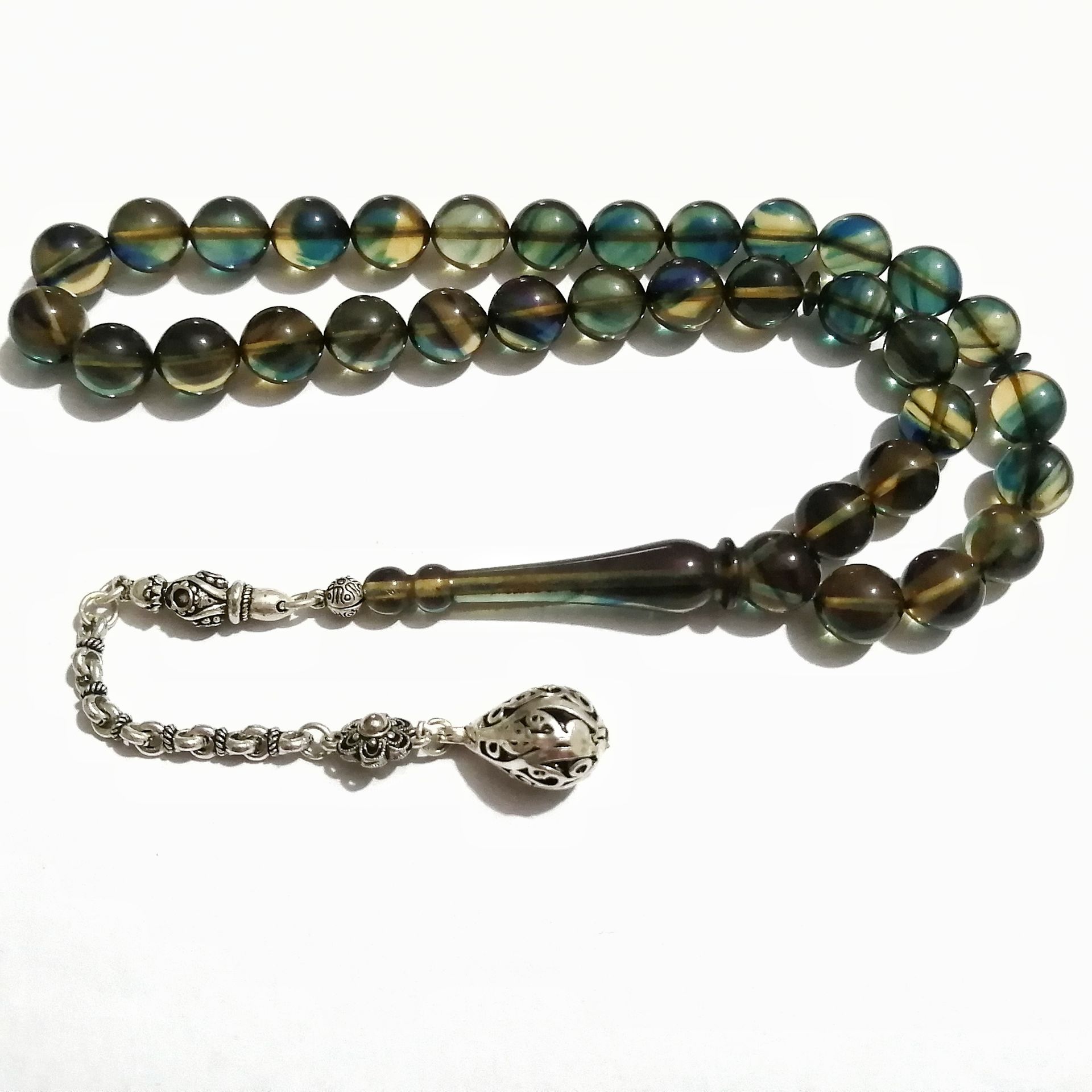 Gümüş Kaplama Püsküllü Uçlu Küre Kesim Sıkma Kehribar Tesbih