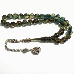 Gümüş Kaplama Püsküllü Uçlu Küre Kesim Sıkma Kehribar Tesbih