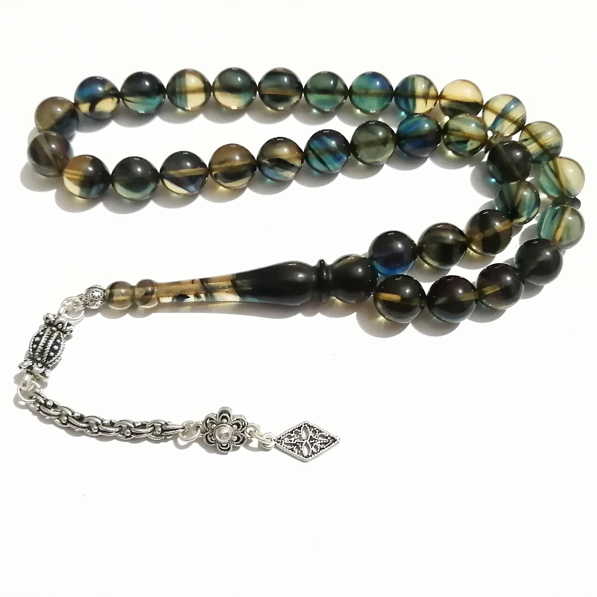 Gümüş Kaplama Püsküllü Uçlu Küre Kesim Sıkma Kehribar Tesbih