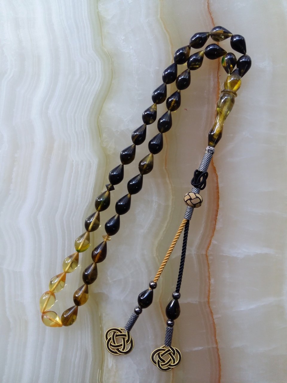 Gümüş Kazaz Püsküllü Damla Kesim Hareli Özel İşçilikli Sıkma Kehribar Tesbih