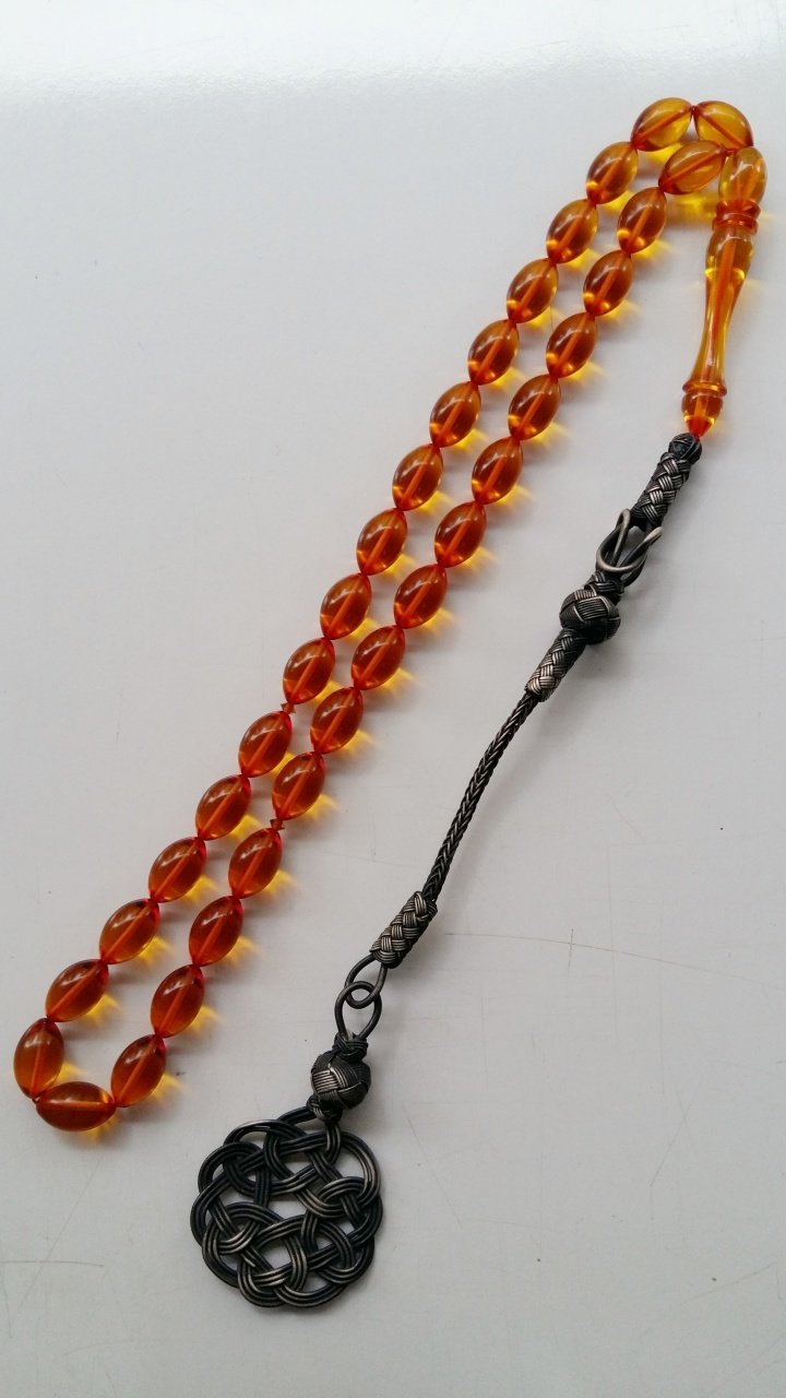 Gümüş Kazaz Püsküllü Beyzi Kesim Özel İşçilikli Atölye Yapımı Ateş Kehribar Tesbih