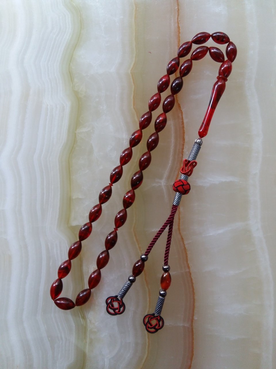 Gümüş Kazaz Püsküllü Beyzi Kesim Sıkma Kehribar Tesbih