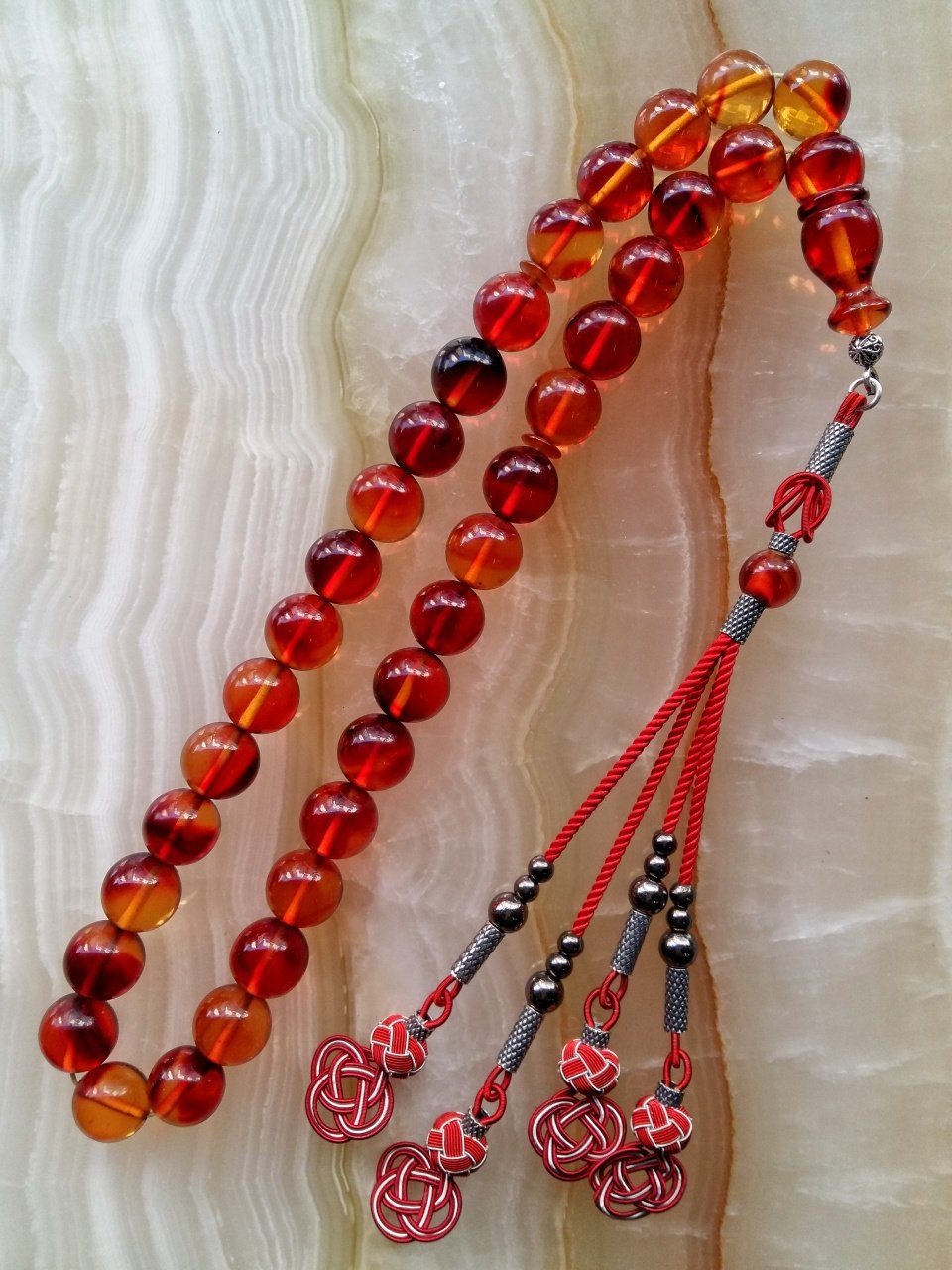 Gümüş Kazaz Püsküllü Küre Kesim Sıkma Kehribar Tesbih