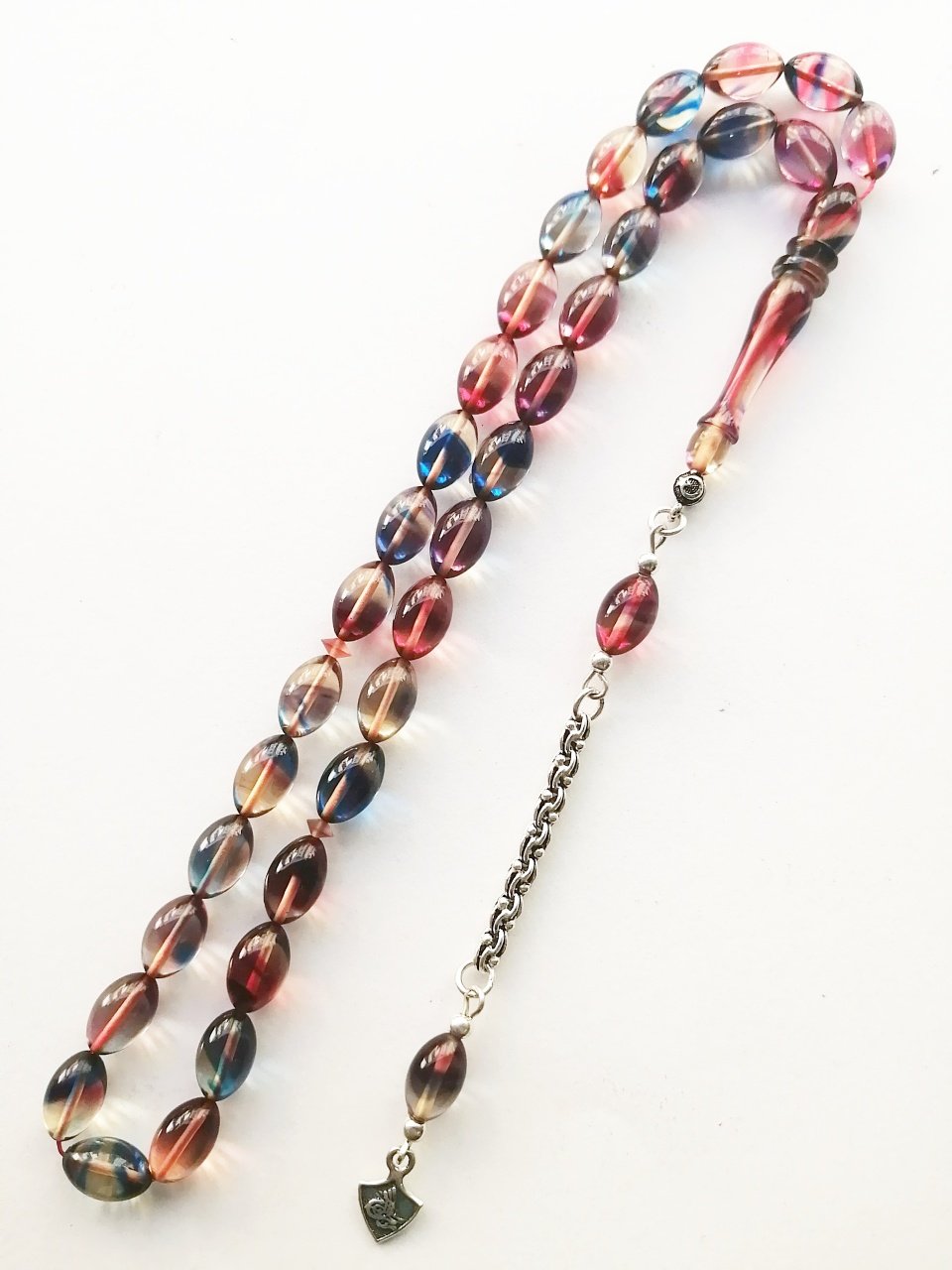 925 Ayar Gümüş Püsküllü Hatasız İşçilikli Beyzi Kesim Sıkma Kehribar Tesbih