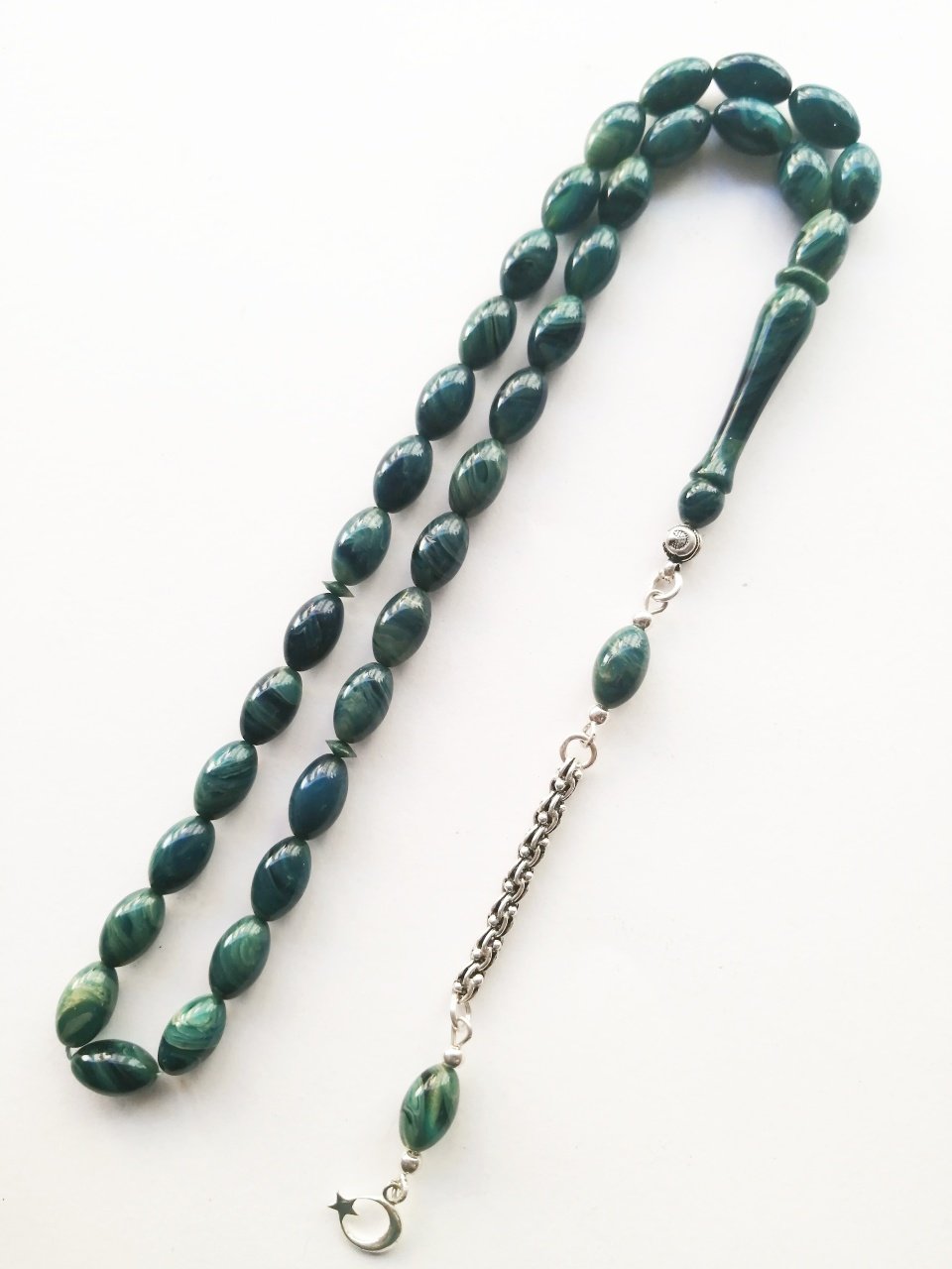 925 Ayar Gümüş Püsküllü Hareli Sıkma Kehribar Tesbih