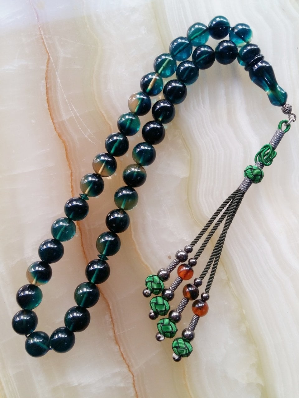 Gümüş Kazaz Püsküllü Küre Kesim Hareli Sıkma Kehribar Tesbih