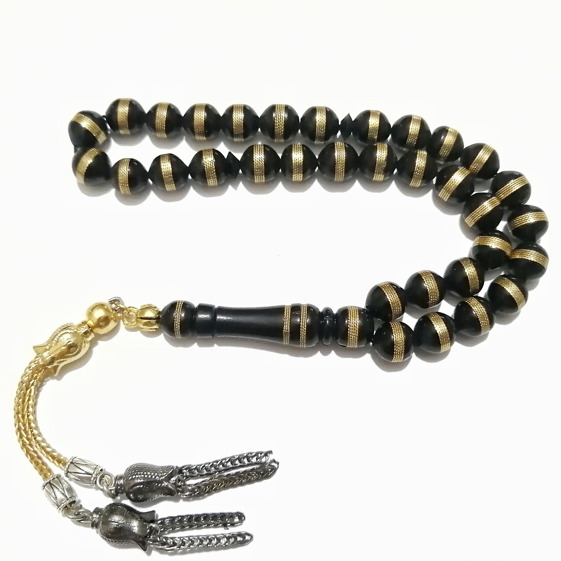 Alpaka Püsküllü Uçlu Küre Kesim Sarı Metal Sarma İşçilikli Kuka Tesbih