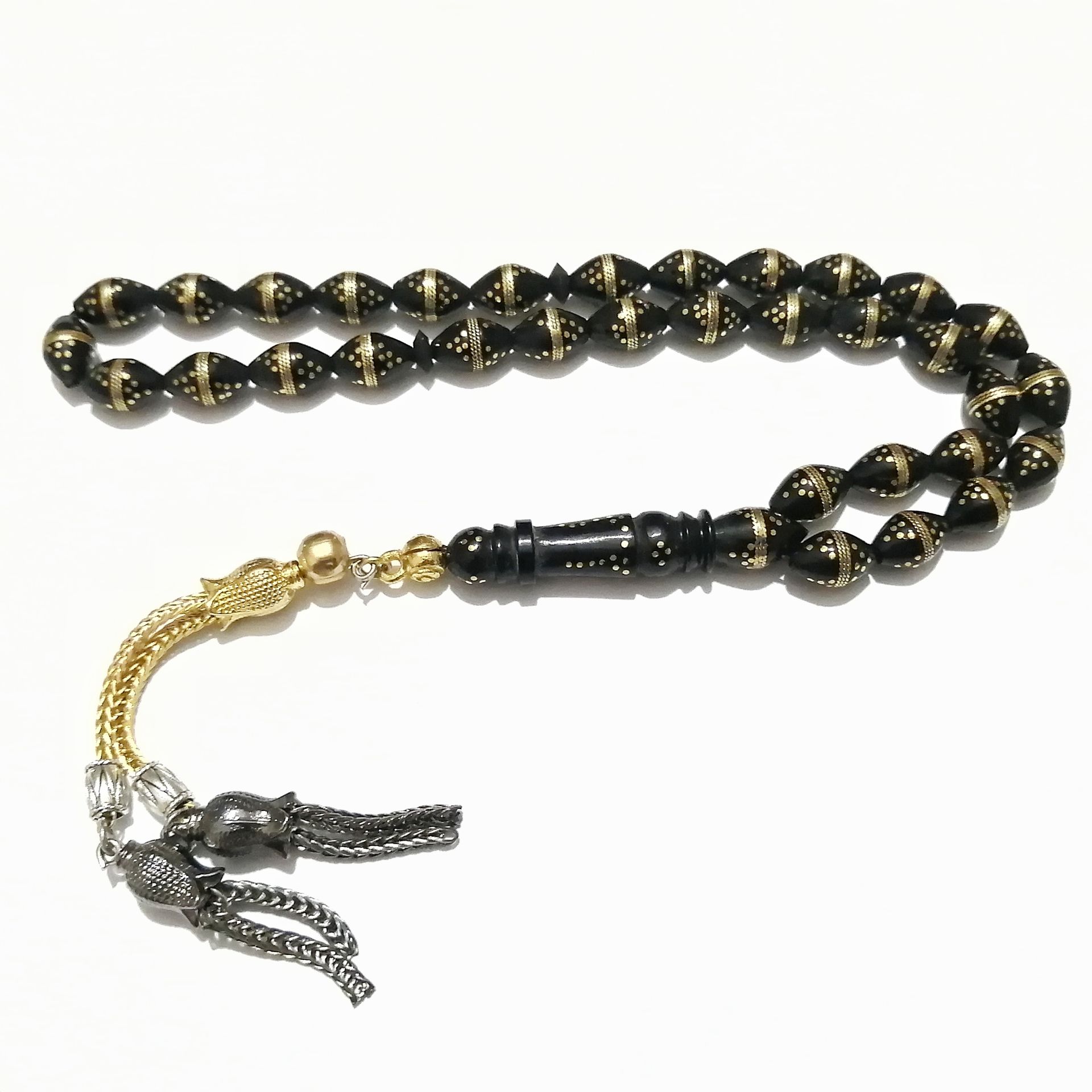 Alpaka Püsküllü Sarı Metal İşlemeli Beyzi Kesim Kuka Tesbih