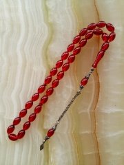 925 Ayar Gümüş Püsküllü Özel İşçilikli Ateş Kehribar Tesbih