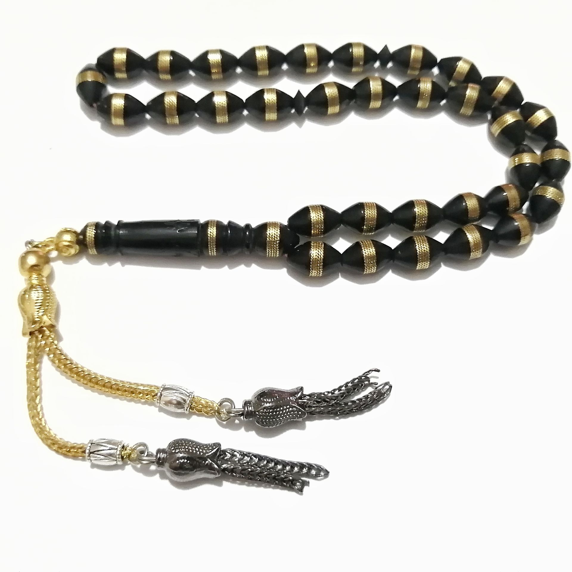 Alpaka Püsküllü Beyzi Kesim Sarı Metal Sarma İşçilikli Kuka Tesbih