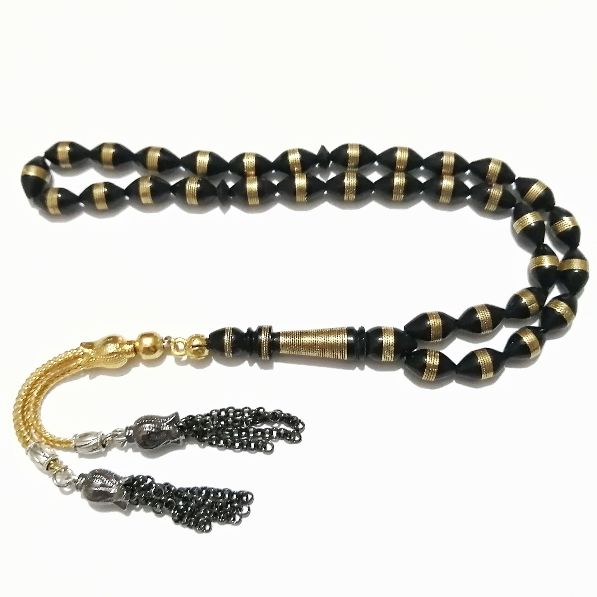 Alpaka Püsküllü Beyzi Kesim Sarı Metal Sarma İşçilikli Kuka Tesbih